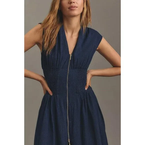 ANTHROPOLOGIE Women's The Tommie Cap-Sleeve Smocked Front-Zip Shirt Dress Size M - Picture 3 of 8
